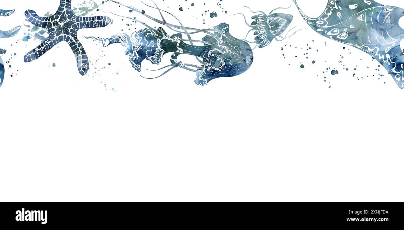 Watercolor and ink hand drawn marine life, sea ocean underwater creatures. fish, shells algae seaweed. Seamless banner illustration, stylized Stock Photo