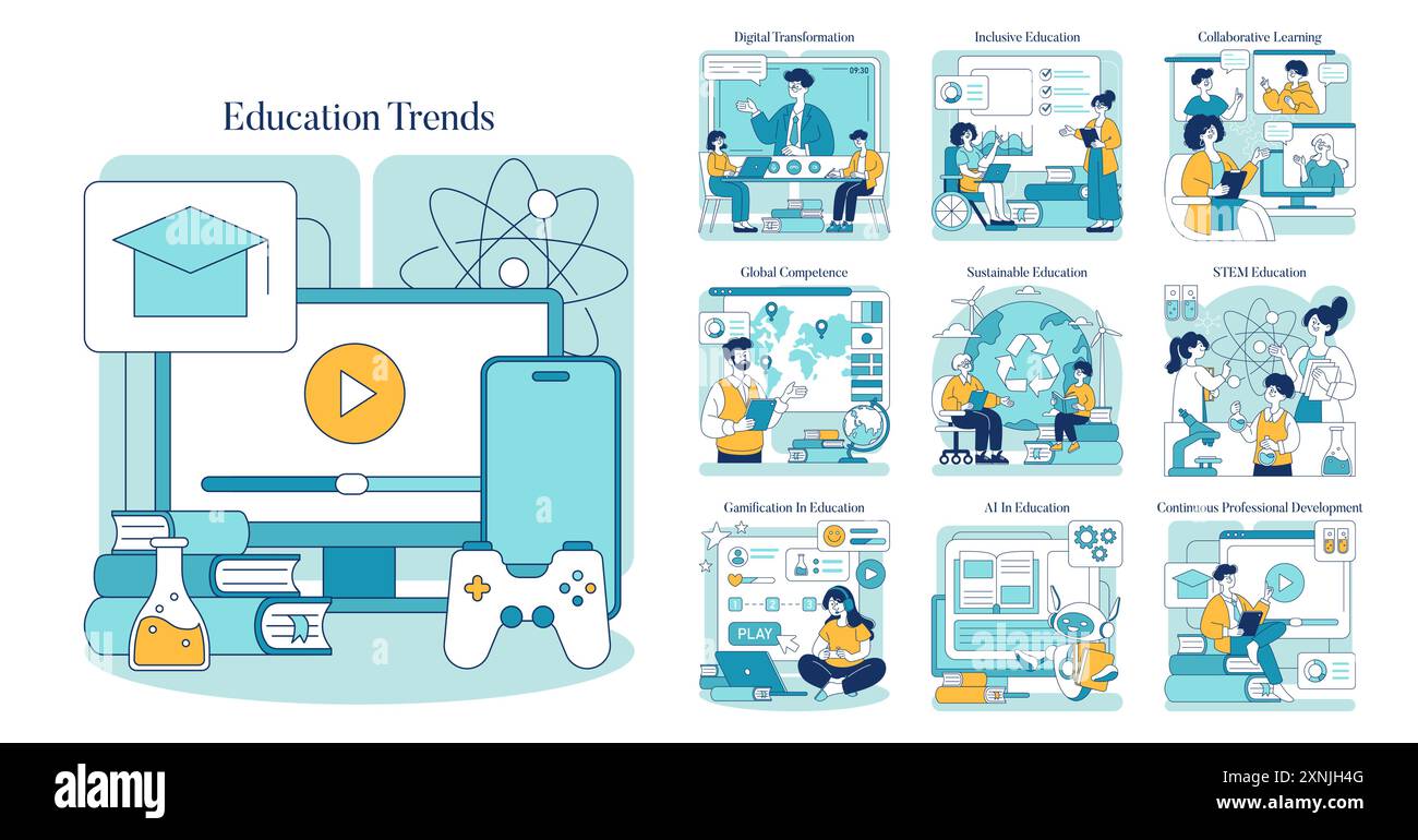 Education Trends set. Showcasing digital transformation, inclusive learning, and STEM education themes. Illustrating modern education methods and continuous development. Vector illustration. Stock Vector
