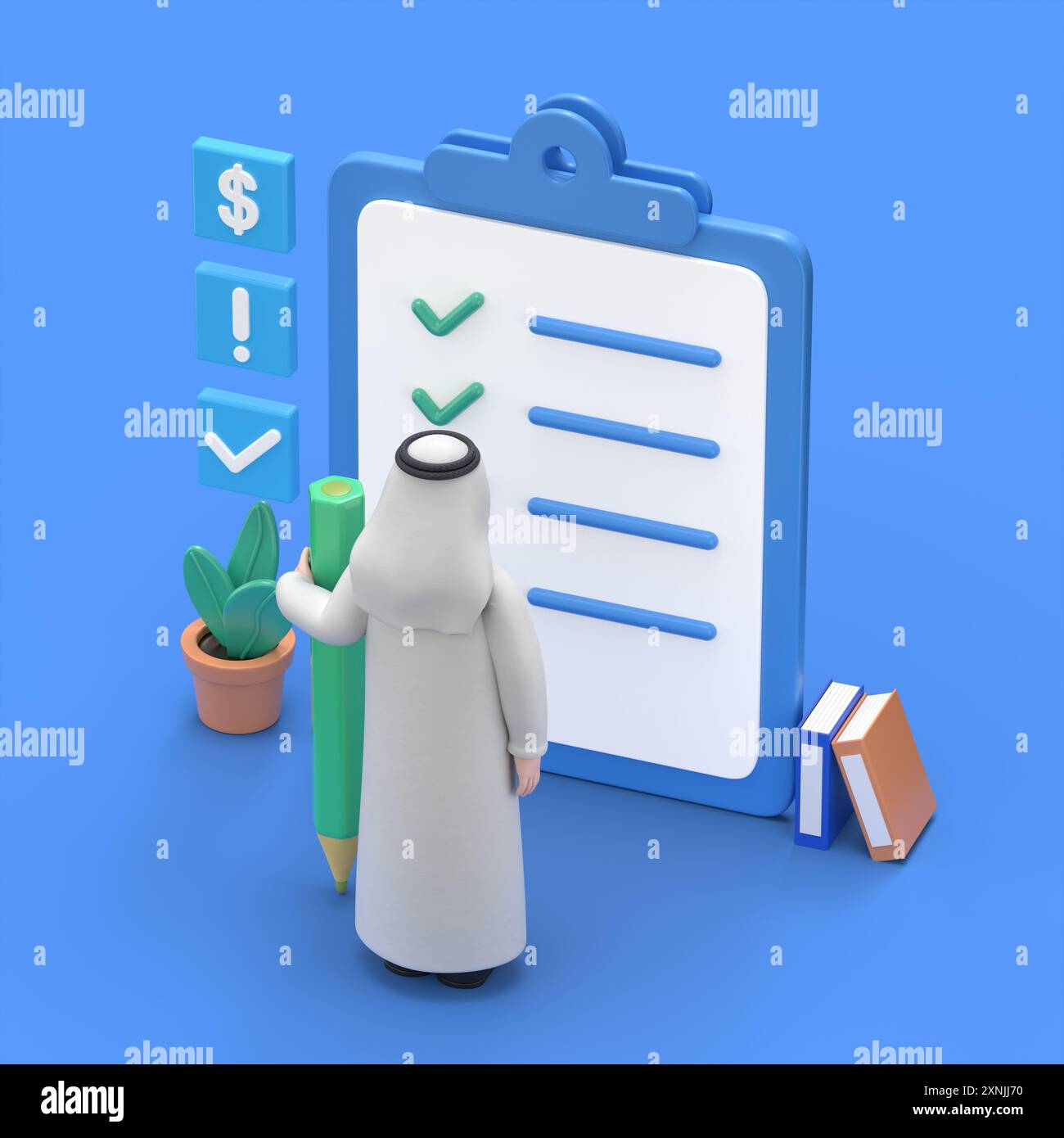 Isometric 3D illustration of smiling Arab man Hadi with checklist and to do list. Clipboard with a checklist. Project management, planning and keeping Stock Photo