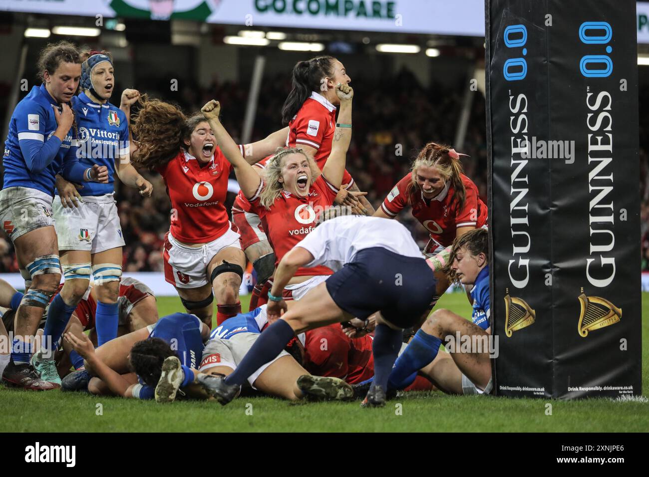 Wales Women celebrating the winning try against Italy.. Wales Women vs Italy Women - Saturday 27th April 2024 Stock Photo