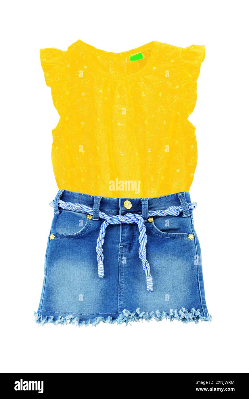 Short blue jeans skirt with blue white linen twine and golden ornaments and a sleeveless yellow shirt or blouse isolated on a white. Denim fashion for Stock Photo