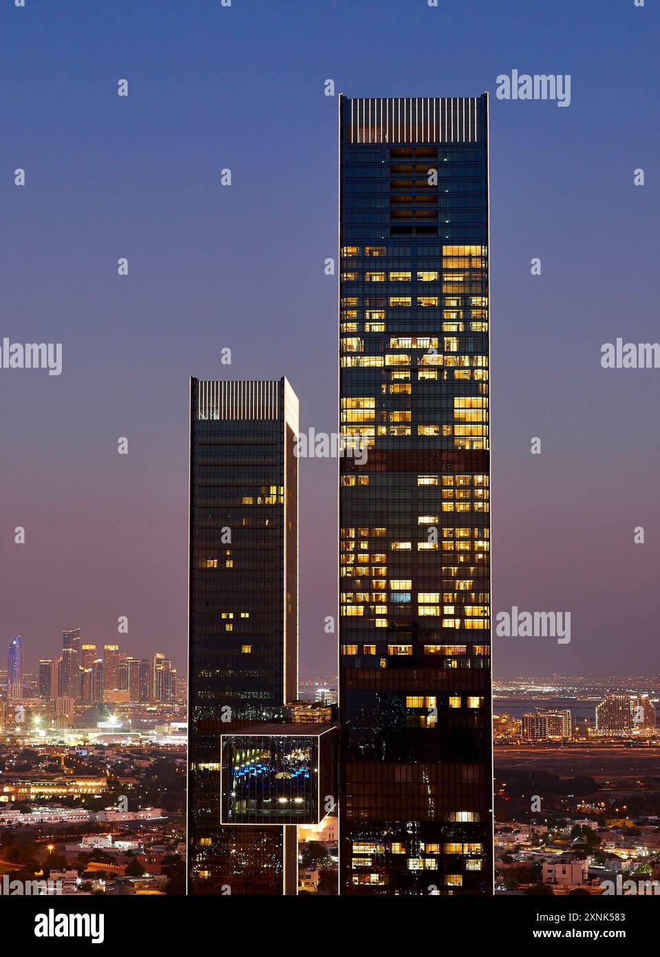 Elevated view of One Za'abeel Towers with the link and cityscape. One ...