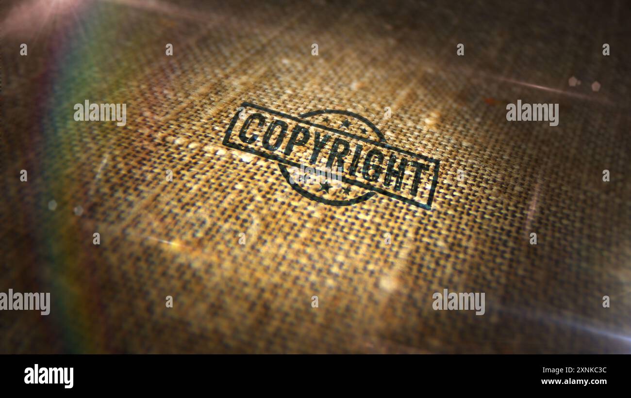 Copyright stamp printed on linen sack. Trademark intellectual property ...