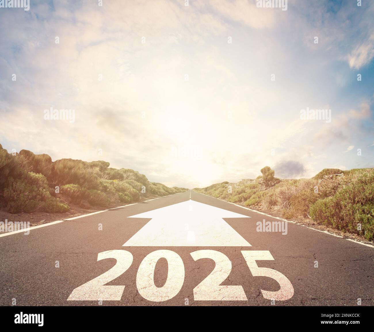 2025 target indicated by arrow on empty road. Coming into the new year, word 2025 on highway
