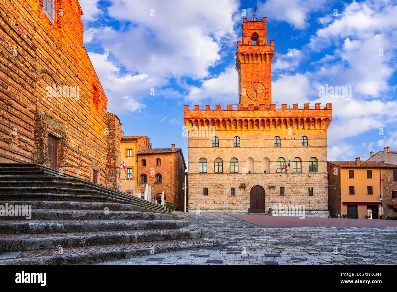 Montepulciano, Italy. Beautiful cityscape view on Piazza Grande and Town Hall, historical Tuscany small town. Stock Photo