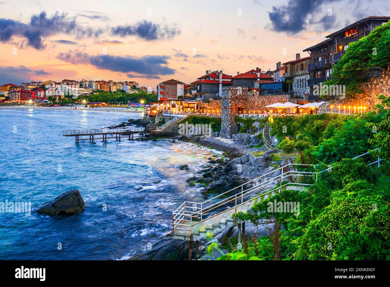 Sozopol, Bulgaria. Charming old town with southern fortress walls and tower on Black Sea coastline, medieval Apollonia. Stock Photo