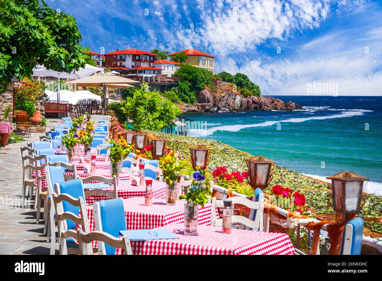 Sozopol, Bulgaria. Charming old town with tavernas on Black Sea coastline, Burgas seaside. Stock Photo