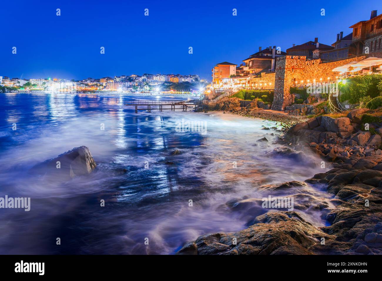 Sozopol, Bulgaria. Idyllic landscape with ancient walls of Apollonia and Black Sea rocky coastline. Stock Photo