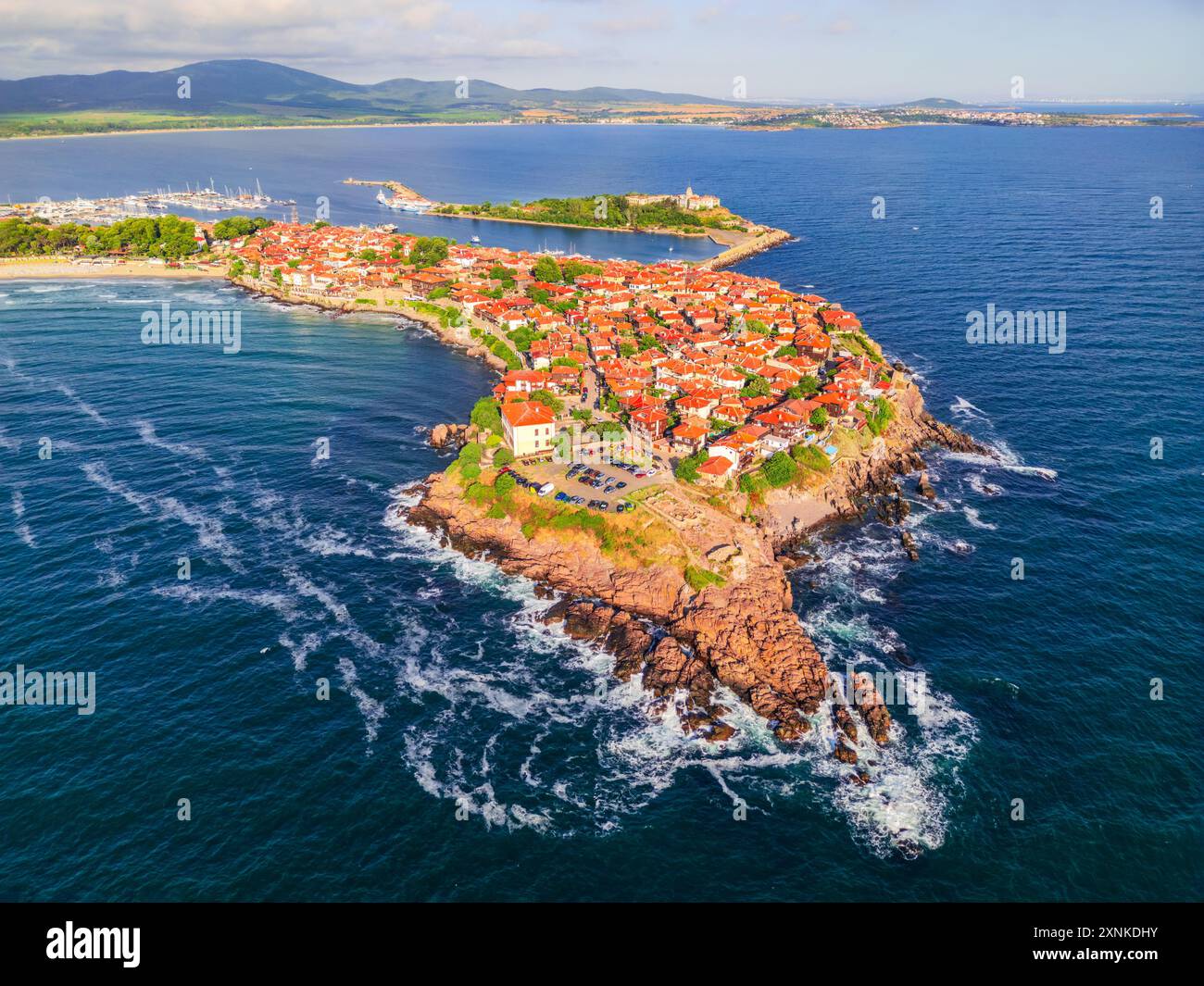 Sozopol, Bulgaria. Aerial view of the old town Apollonia, coastline charming city, Burgas region. Stock Photo