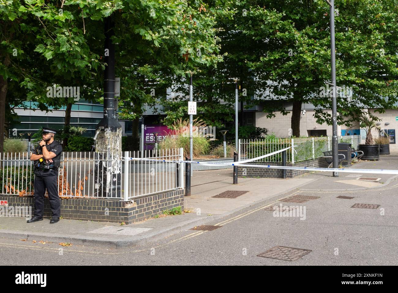 Crime scene incident tape at scene of a knife crime and antisocial behaviour event around South Essex College, Luker Rd, Southend on Sea, Essex, UK Stock Photo