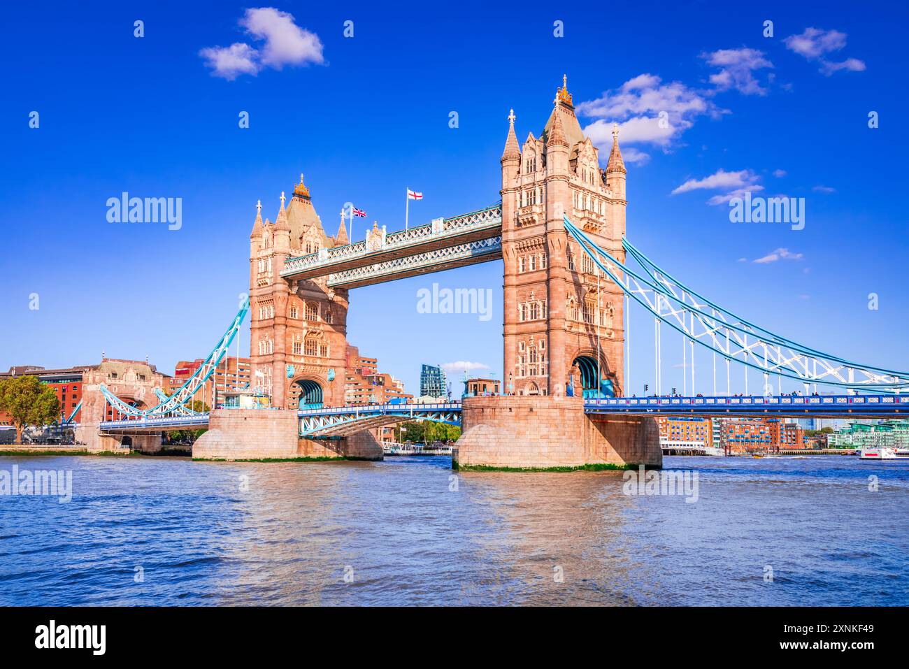 London, United Kingdom. Tower Bridge, suspension bridge crosses the River Thames close to the Tower of London. Stock Photo