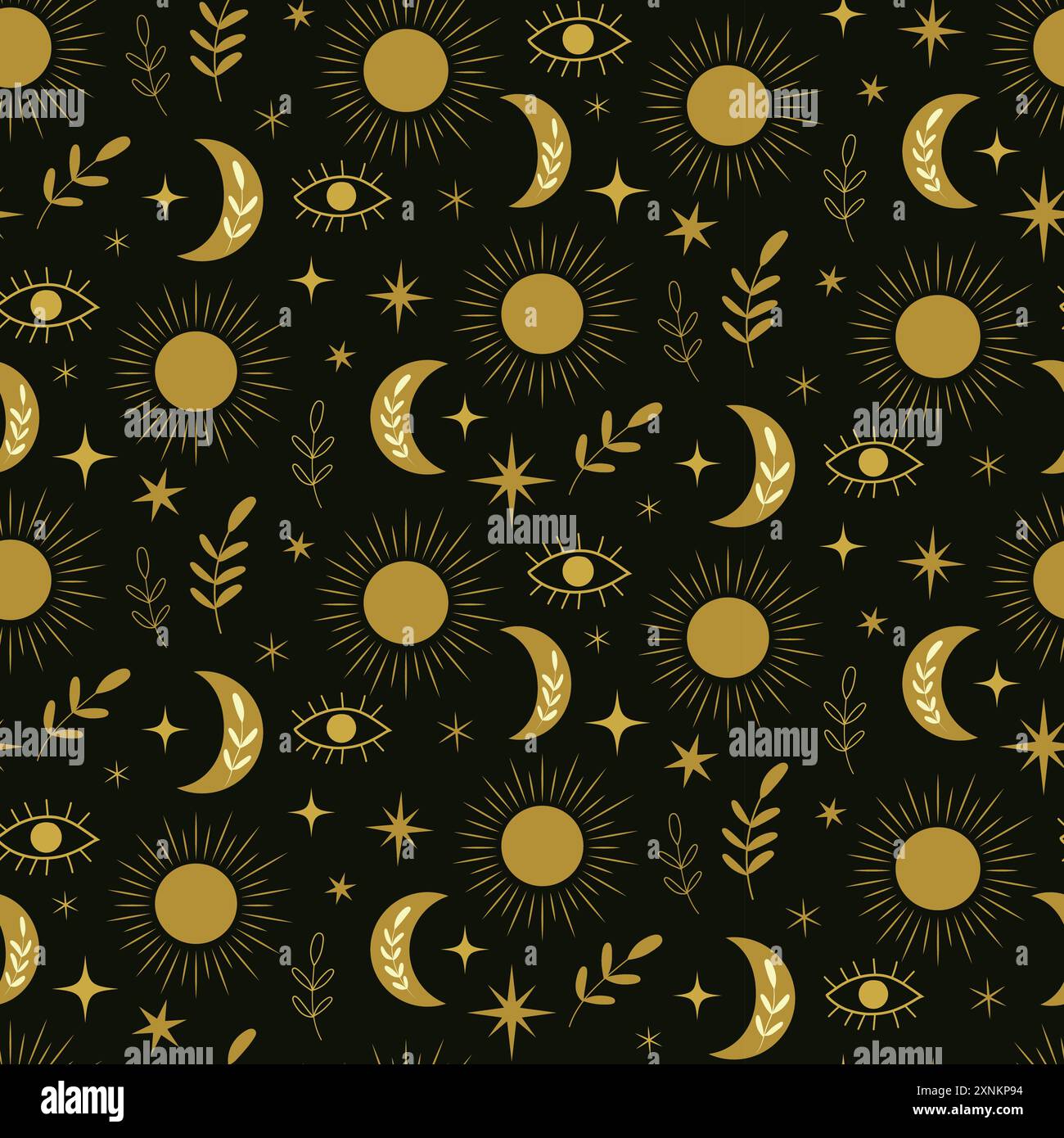 Golden Boho sun and moon seamless pattern with leaves, eyes and stars on black background. For home decor, textile and wallpaper Stock Vector