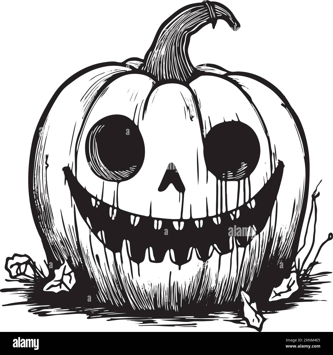 Creepy Halloween pumpkin illustration in black and white with a spooky smile and vintage feel Stock Vector