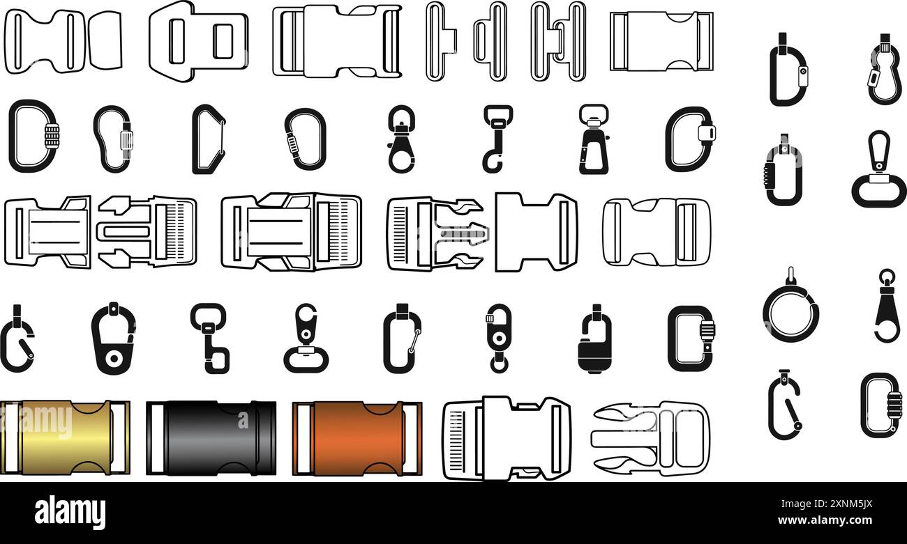 Quick Release buckles flat sketch, Clip, hook climber. Stock Vector