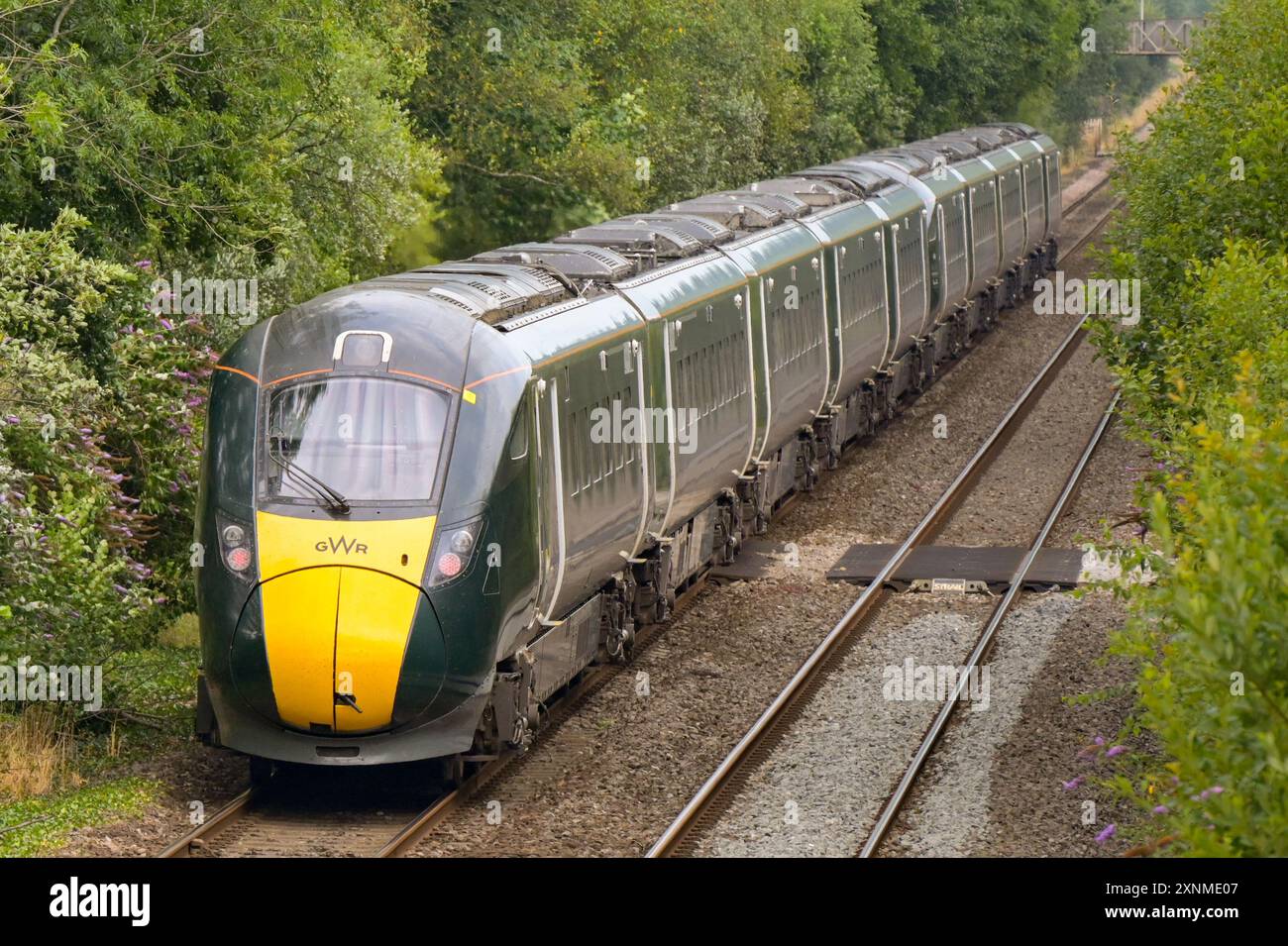 Pontyclun, Wales, UK. - 31 July 2024:  Class 800 high speed train passing through the village of Pontyclun on its way to Swansea. Stock Photo