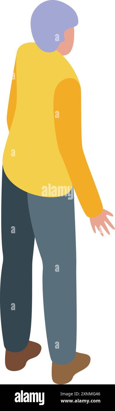 Elderly woman with grey hair wearing a yellow jacket standing and ...