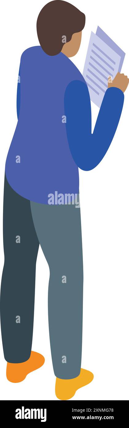 Office worker is standing and reading a document in this isometric illustration Stock Vector