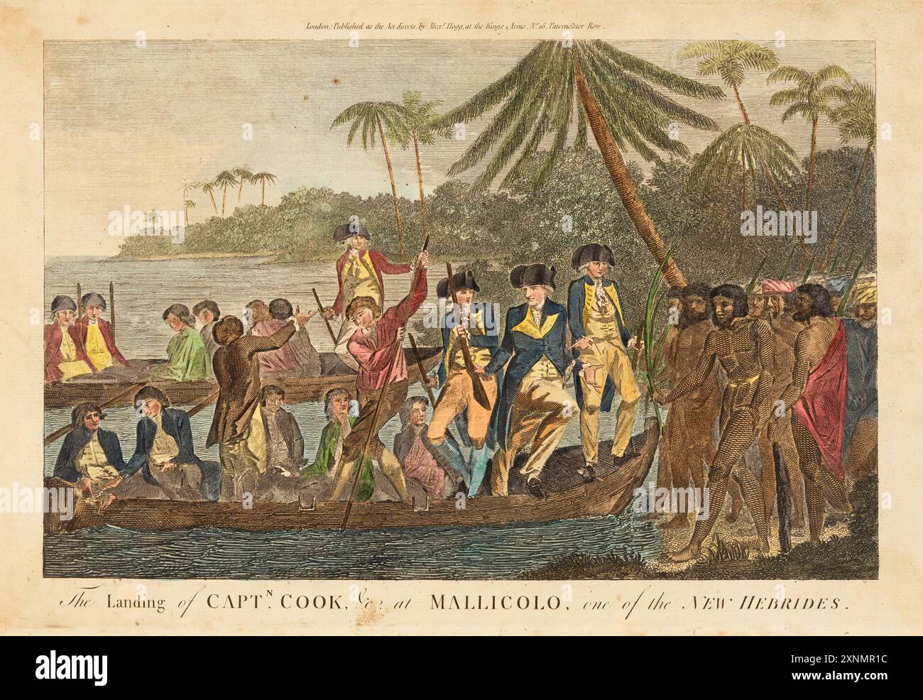 The Landing of Captain Cook at Mallicolo. Circa 1770s from engravings of Cook
