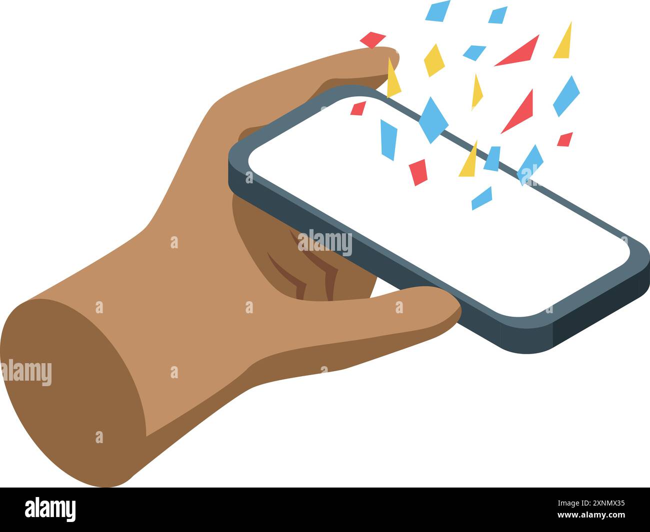 Hand is holding a smartphone with colorful confetti exploding from the ...