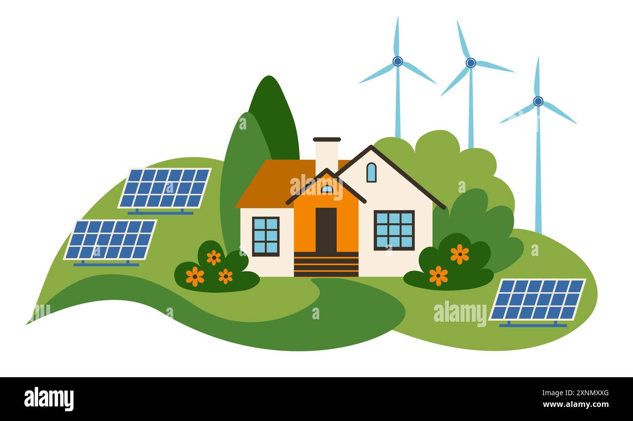 Green energy concept. Suburban house, solar panels and wind turbines ...
