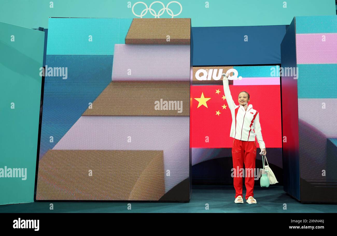 Paris, France. 1st Aug, 2024. Qiu Qiyuan of China reacts before the Women's All-around Final of artistic gymnastics at the Paris 2024 Olympic Games in Paris, France, Aug. 1, 2024. Credit: Cao Can/Xinhua/Alamy Live News Stock Photo