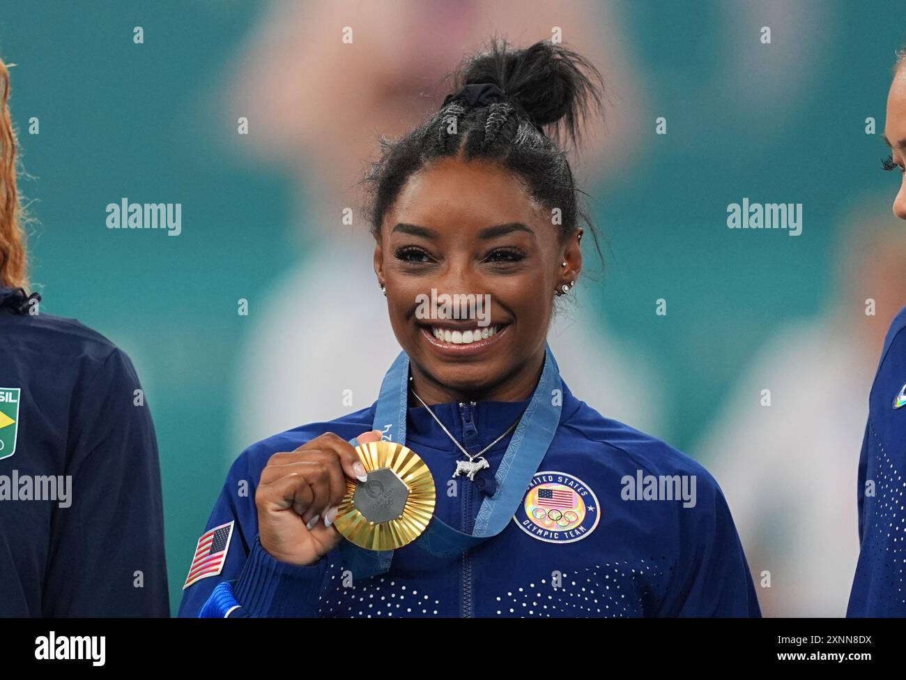 August 01 2024: Simone Bilese celebrate winning the gold at the women's all around final on Day 6 of the Olympic Games at Bercy Arena, Paris, France. Ulrik Pedersen/CSM. Stock Photo