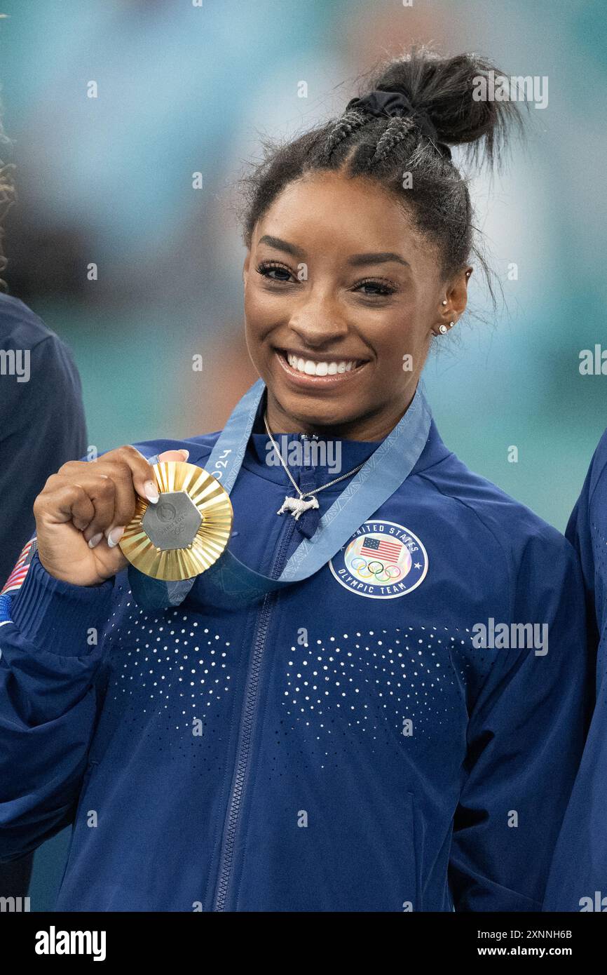 Nanterre, France. 01st Aug, 2024. Simone Biles of Team USA celebrates