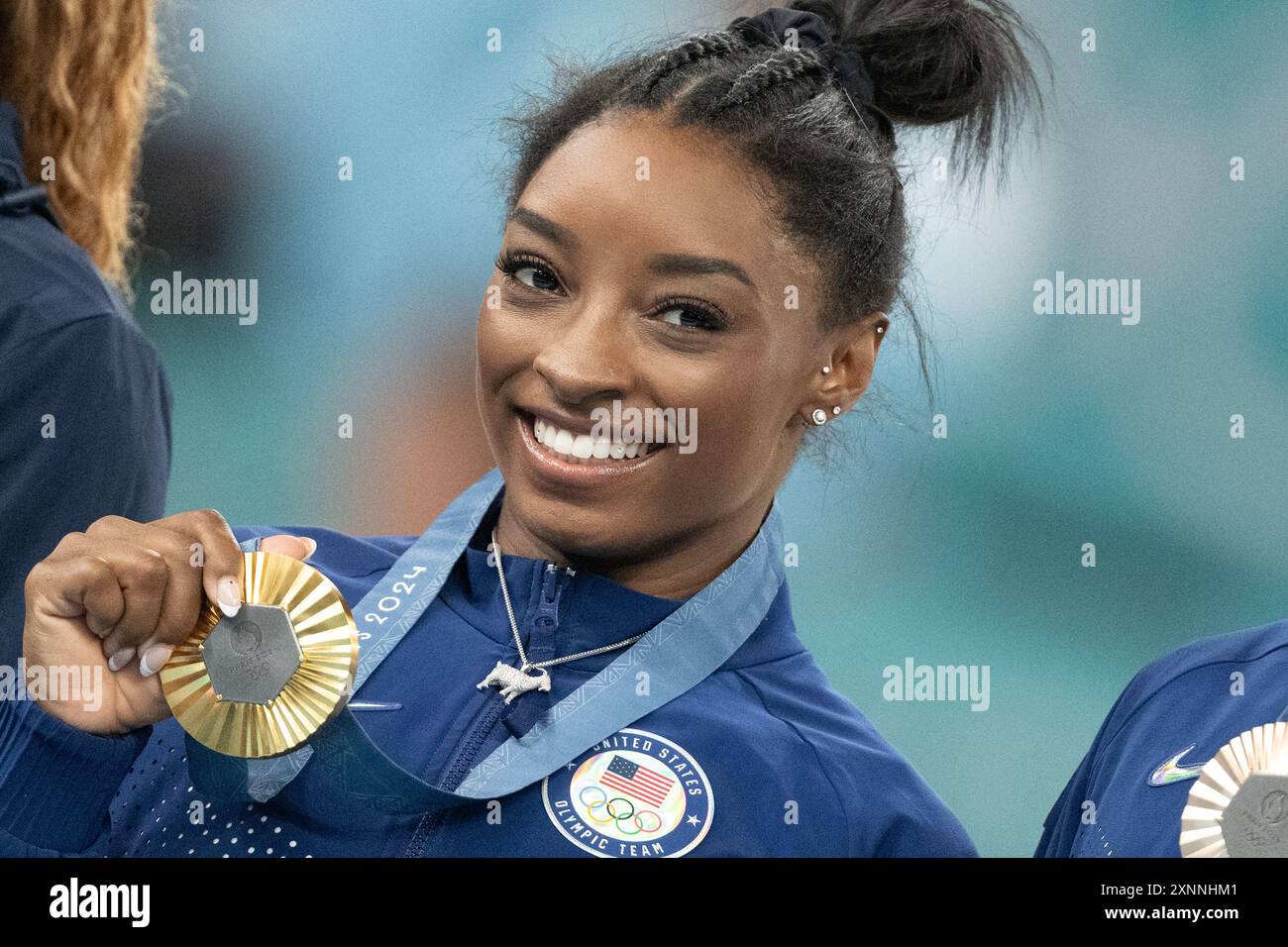 Nanterre, France. 01st Aug, 2024. Simone Biles of Team USA celebrates(02)