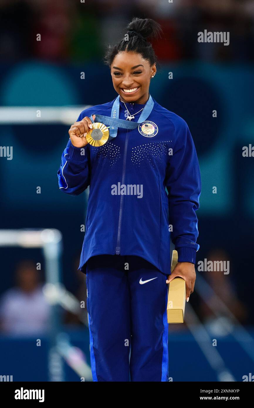 Paris France 1 August 2024 Simone Biles Of USA Shows Off Her Gold Paris France 1 August 2024 Simone Biles Of USA Shows Off Her Gold