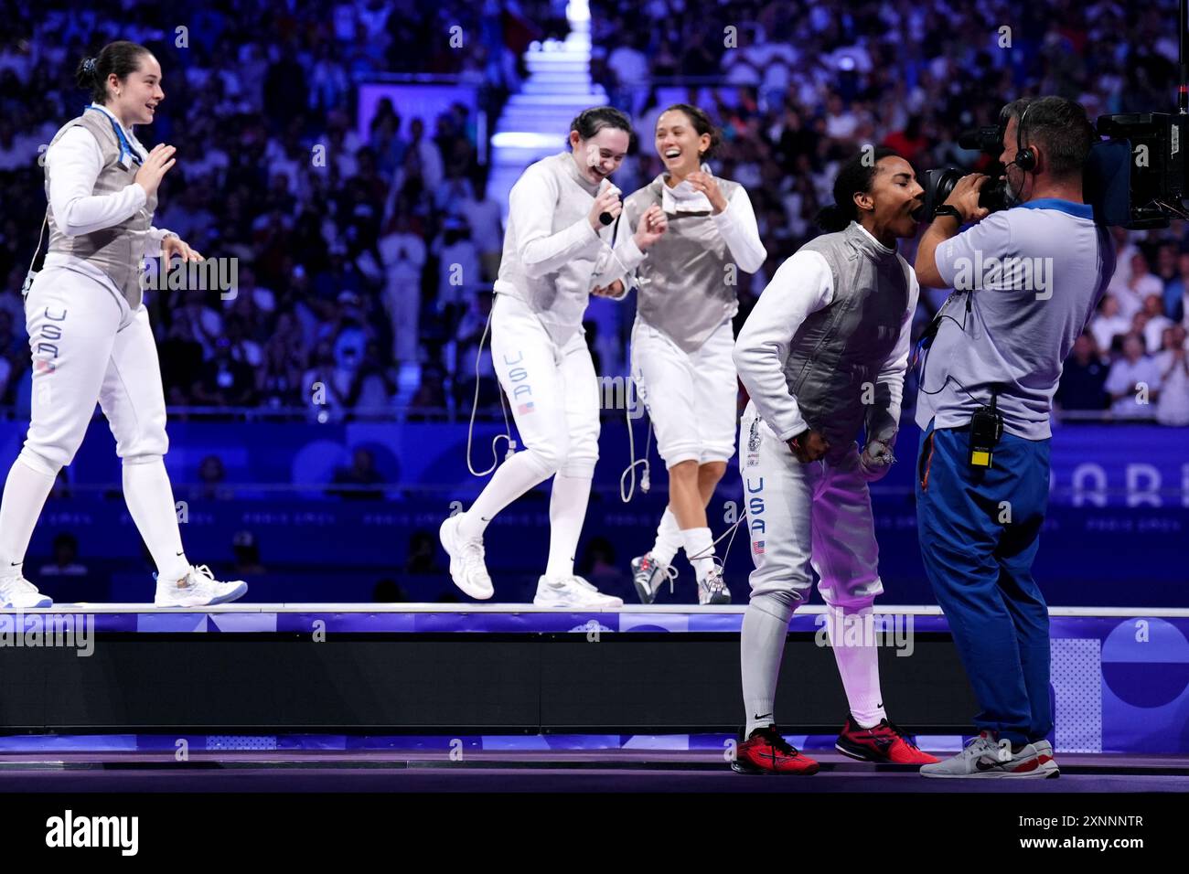 USA’s Lauren Scruggs celebrates into the lens of a tv camera as she ...