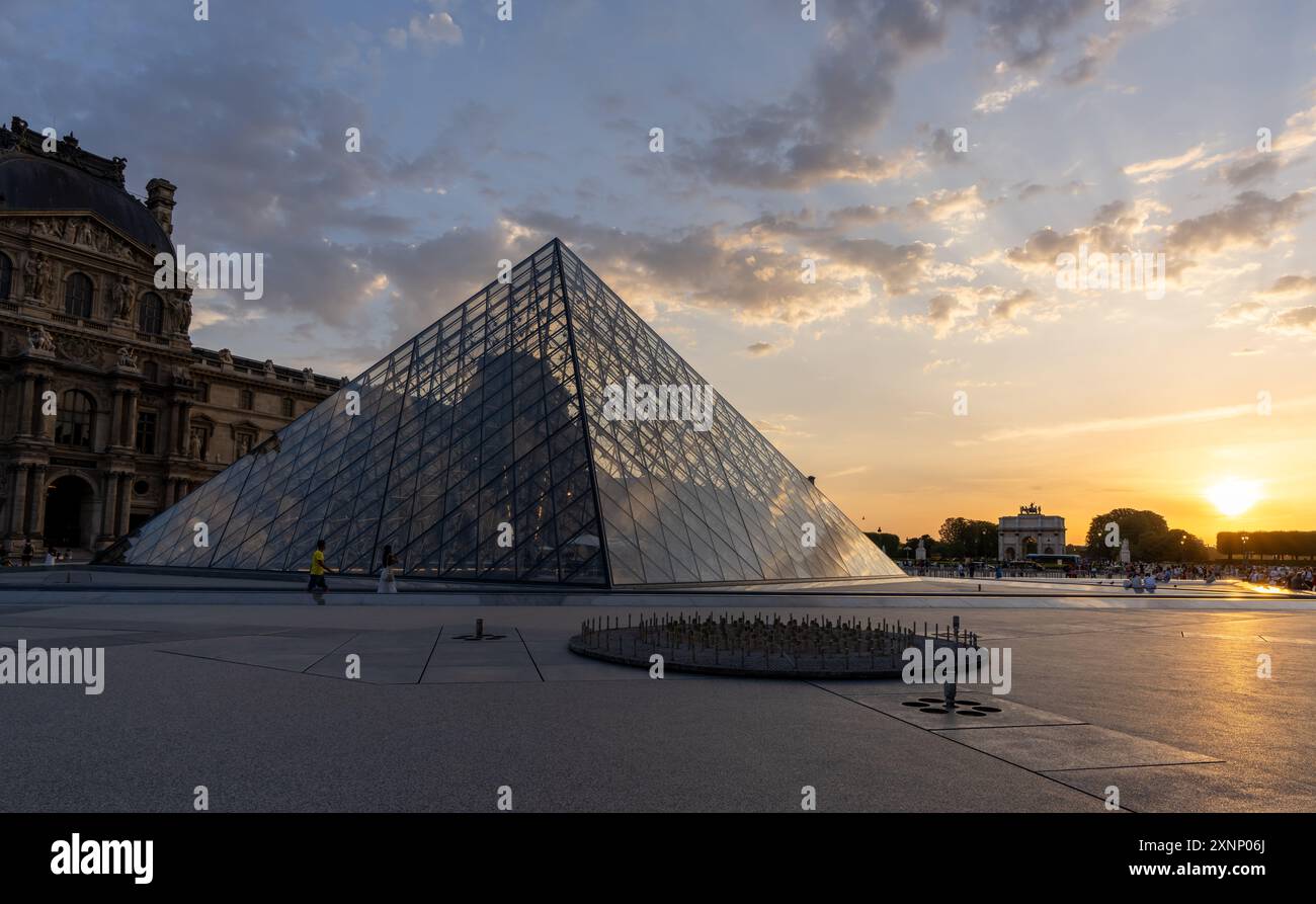 Paris, France - July 29, 2024: Sunset Over the Iconic Glass Pyramid and ...