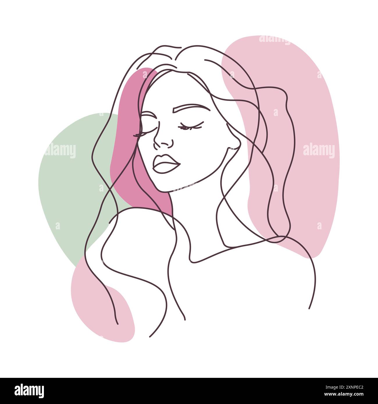 Aesthetic Beautiful Girl Face Hand Drawn Sketch in Line Art Style with Purple Green Fill Color Stock Vector