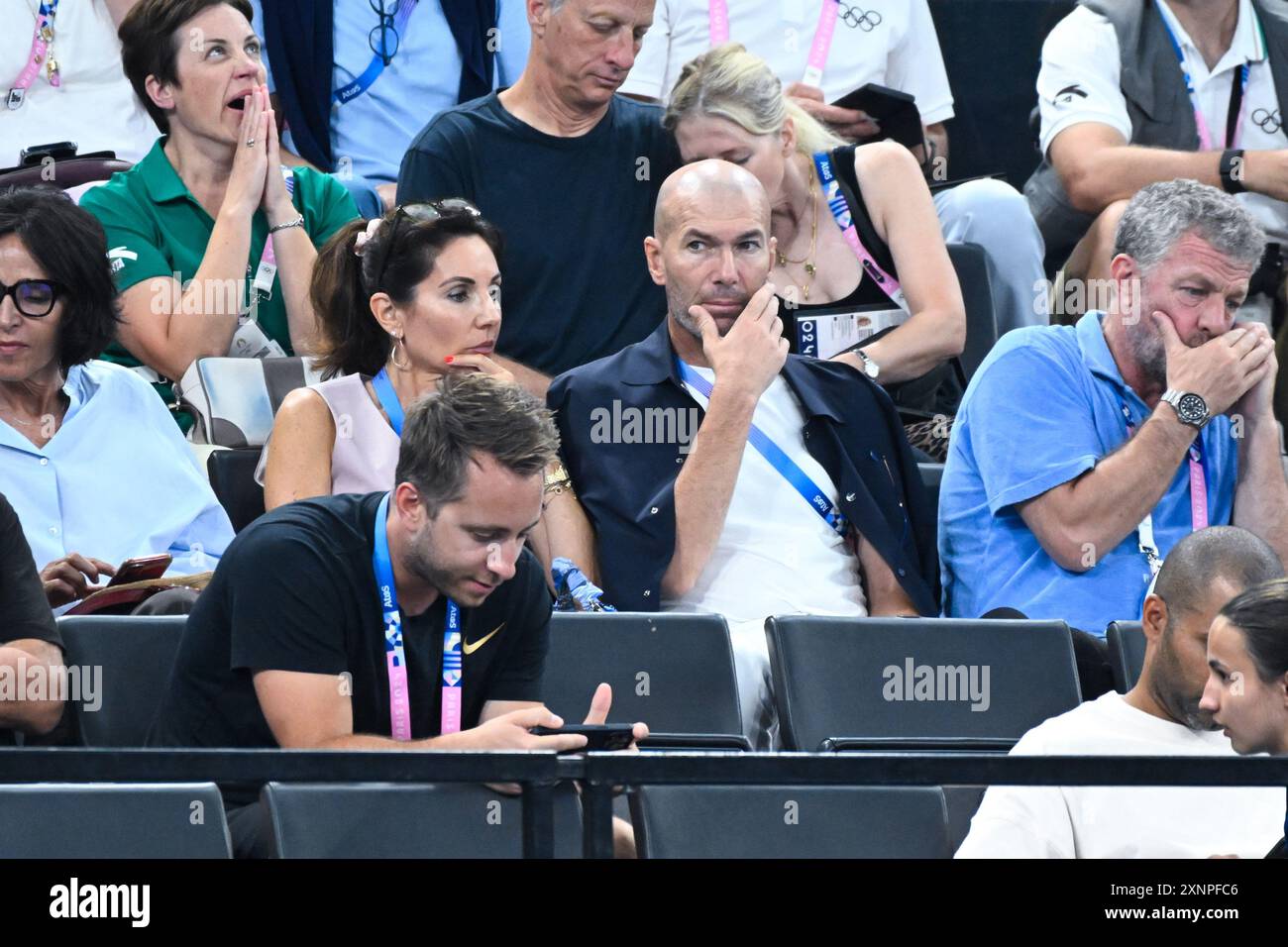 Zinadine Zidane and Veronique, Artistic Gymnastics, Women&#39;s All-Around Final during the Olympic Games Paris 2024 on 1 August 2024 at Bercy Arena in Paris, France Credit: Independent Photo Agency/Alamy Live News Stock Photo