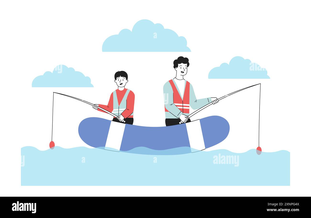 Father and son fishing. Man and boy with fishing rods sitting on inflatable boat in center of lake. Adult and kid with hobby and leisure. Linear Stock Vector