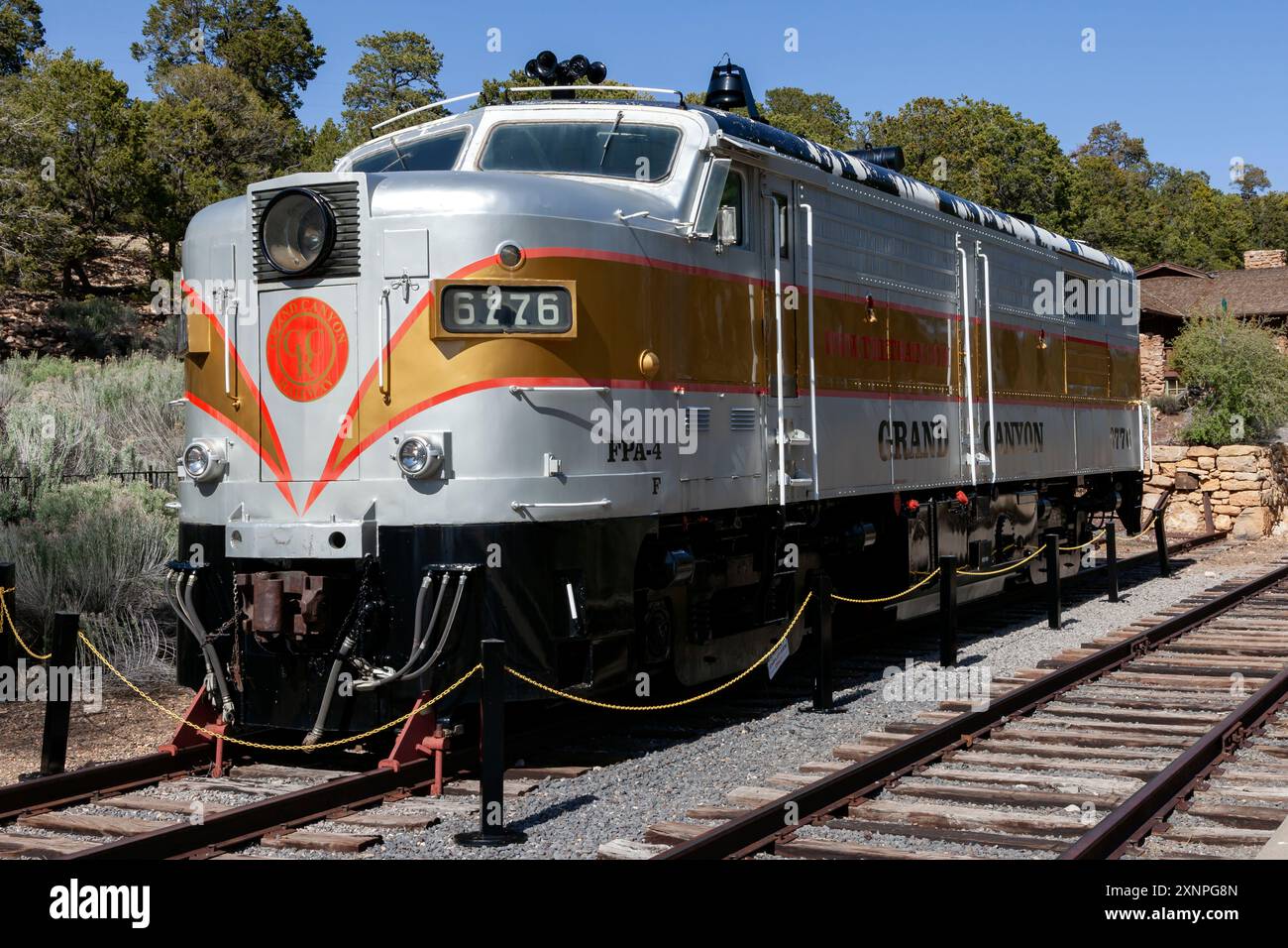 The Grand Canyon Railway's locomotive 6776, an Alco FPA-4, sits on display at the Grand Canyon Village depot. Stock Photo