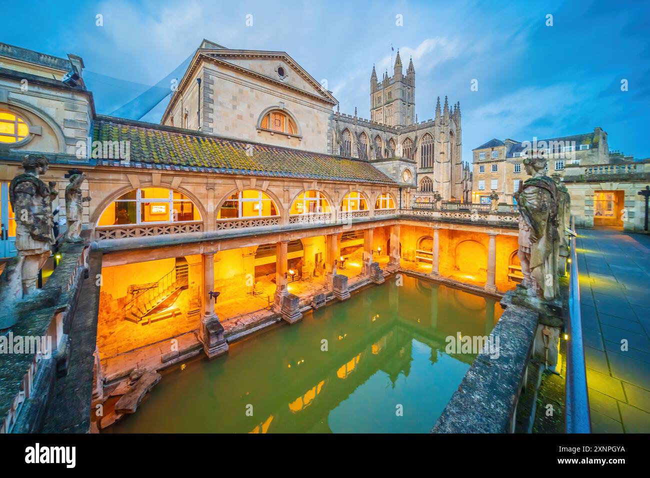 Historical roman bathes in Bath city, England at twilight Stock Photo ...