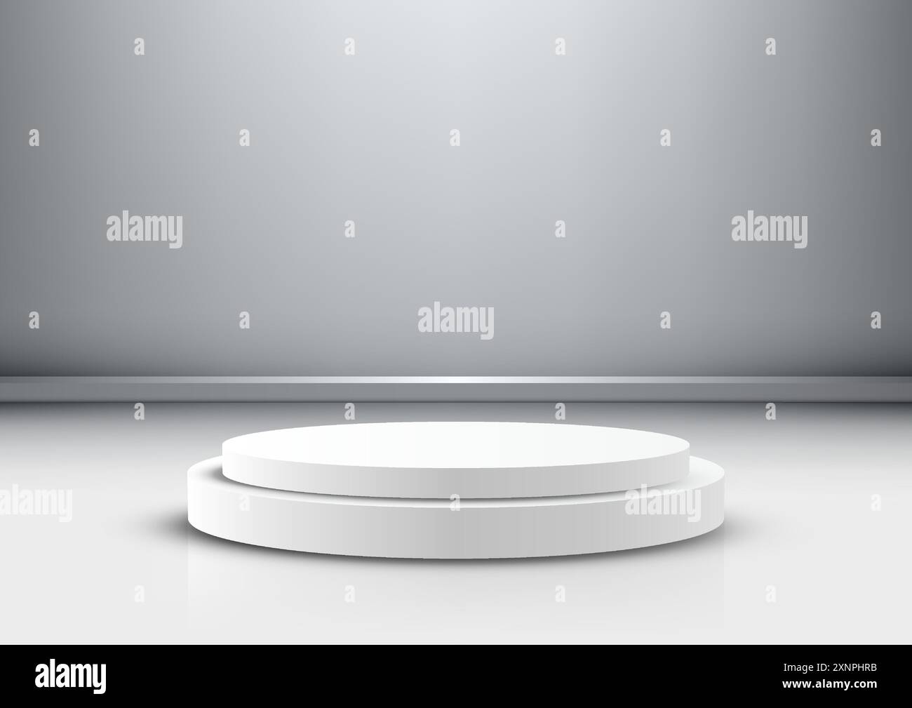 A modern minimalistic 3D white podium with two tiers on a smooth gray ...