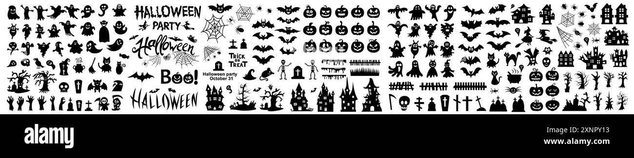 Big set of silhouettes of Halloween on a white background. Vector illustration Stock Vector