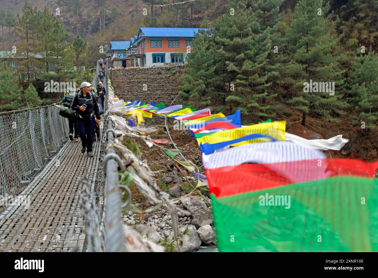 Suspension bridge on the Everest Base Camp trek Stock Photo