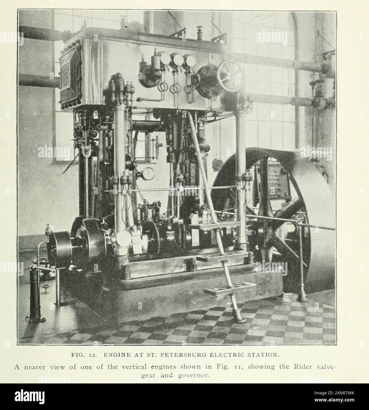 ENGINE AT ST. PETERSBURG ELECTRIC STATION. showing the Rider valve gear and governor. from the Article STEAM-ENGINE BUILDING IN SWITZERLAND. By A. Stodola.  from The Engineering Magazine Devoted to Industrial Progress Volume XVIII 1899-1900 The Engineering Magazine Co Stock Photo