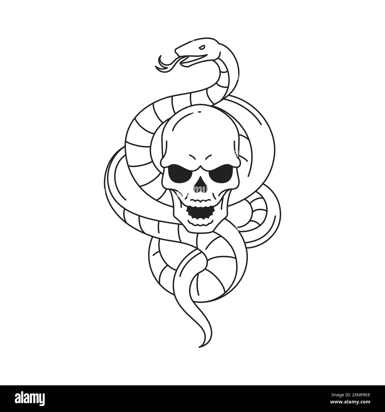 Y2k snake with skull neo gothic emo death psychedelic outline black icon vector illustration. Surreal skeleton with poison reptile viper cobra horror Stock Vector