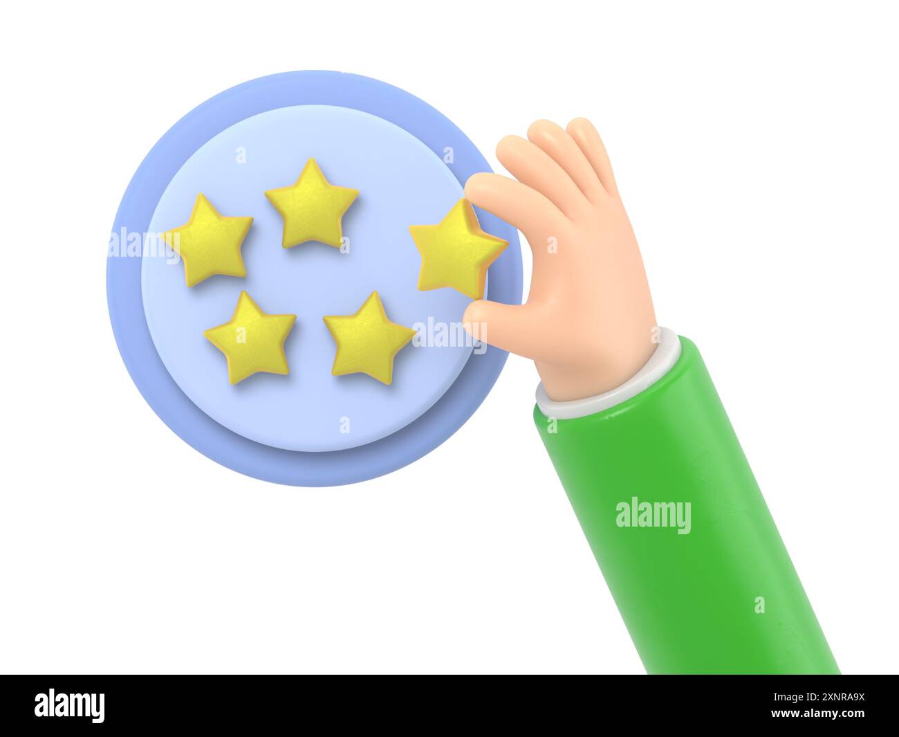 Cartoon Gesture Icon Mockup.3d five golden star review badge. gold positive customer experience illustration ,3D rendering on white background. Stock Photo