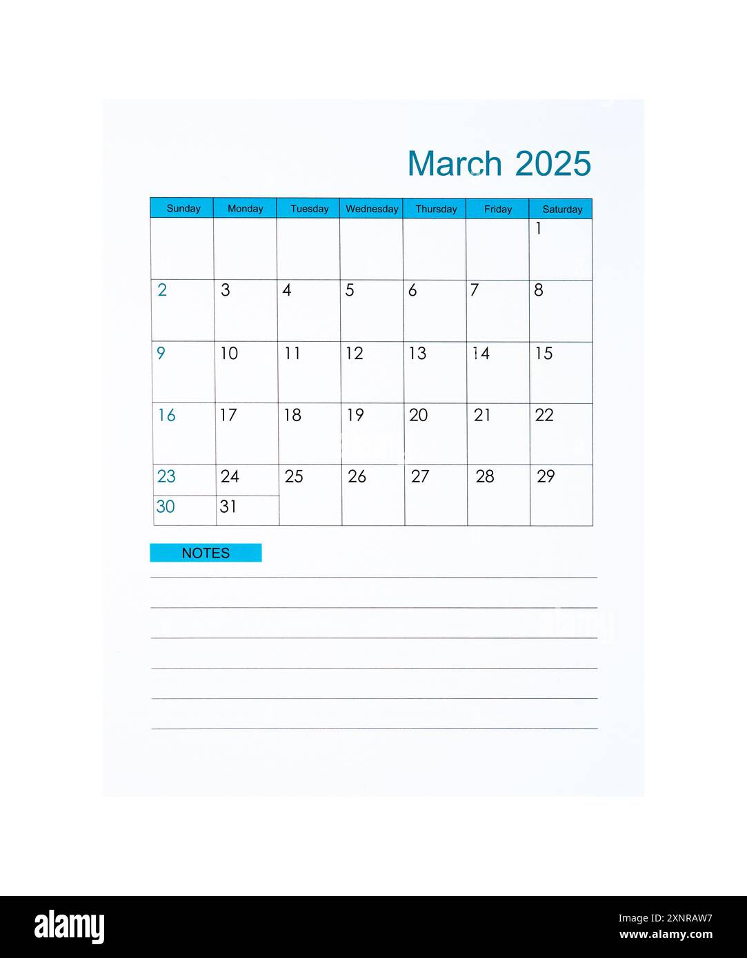 Vertical of march 2025 calendar page for 2025 year isolated on white  background, saved clipping path stock photo - alamy