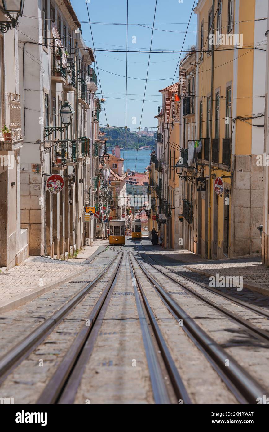 Historic Lisbon Street with Iconic Yellow Trams and Colorful Buildings ...