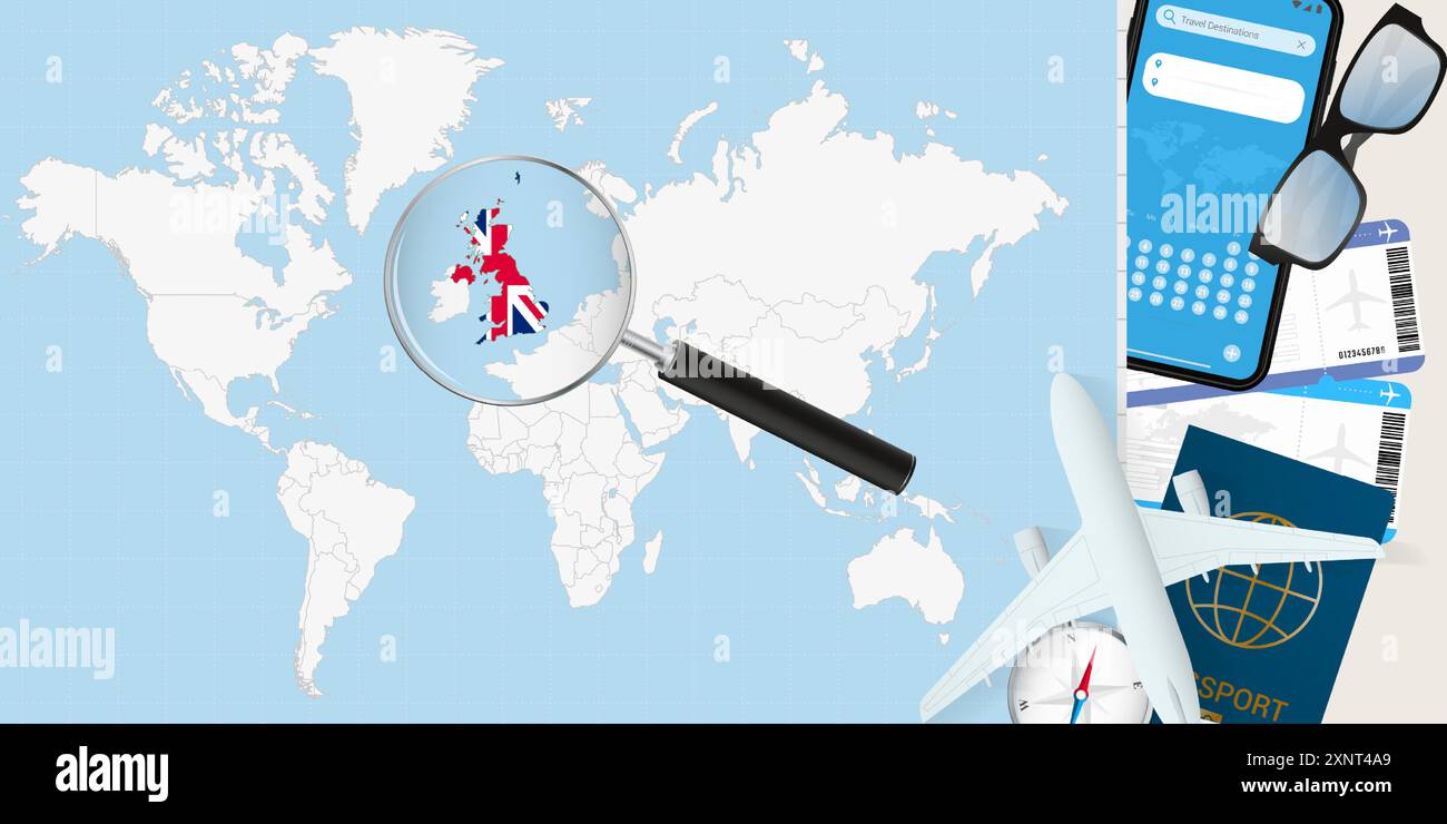 United Kingdom is magnified over a World Map, illustration with ...