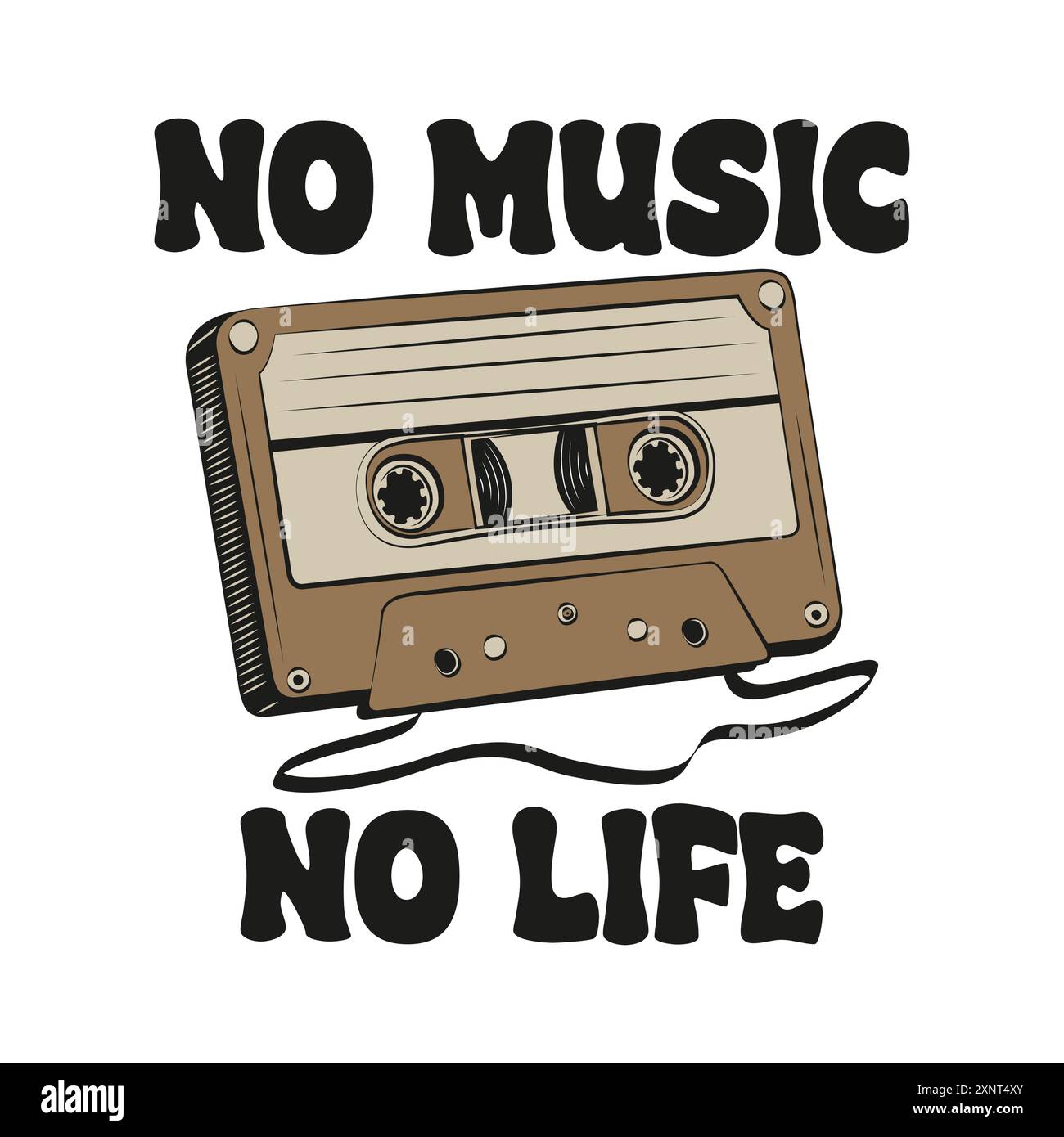 Retro compact cassette with a funny quote no music no life. Vector illustration for tshirt print on demand merch Stock Vector