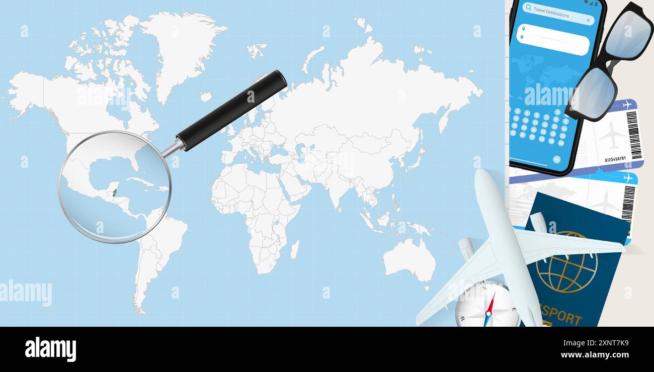 Belize is magnified over a World Map, illustration with airplane ...