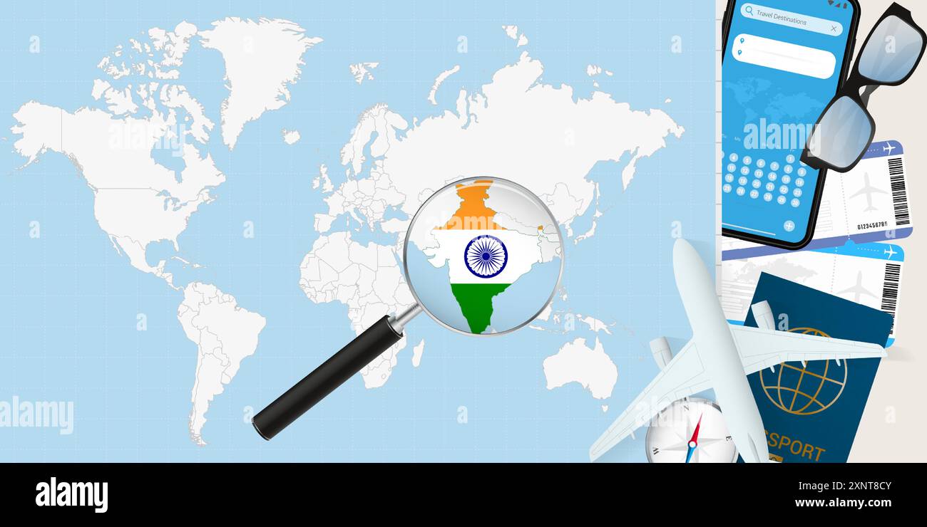 India is magnified over a World Map, illustration with airplane ...