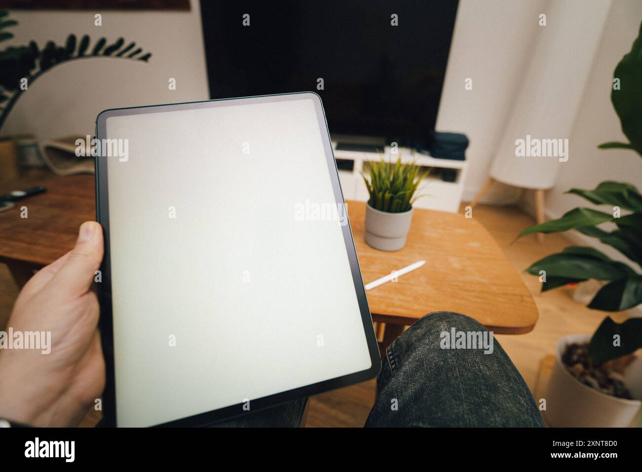 First person view. Hand holding tablet. Empty white screen. Home interior. Stock Photo