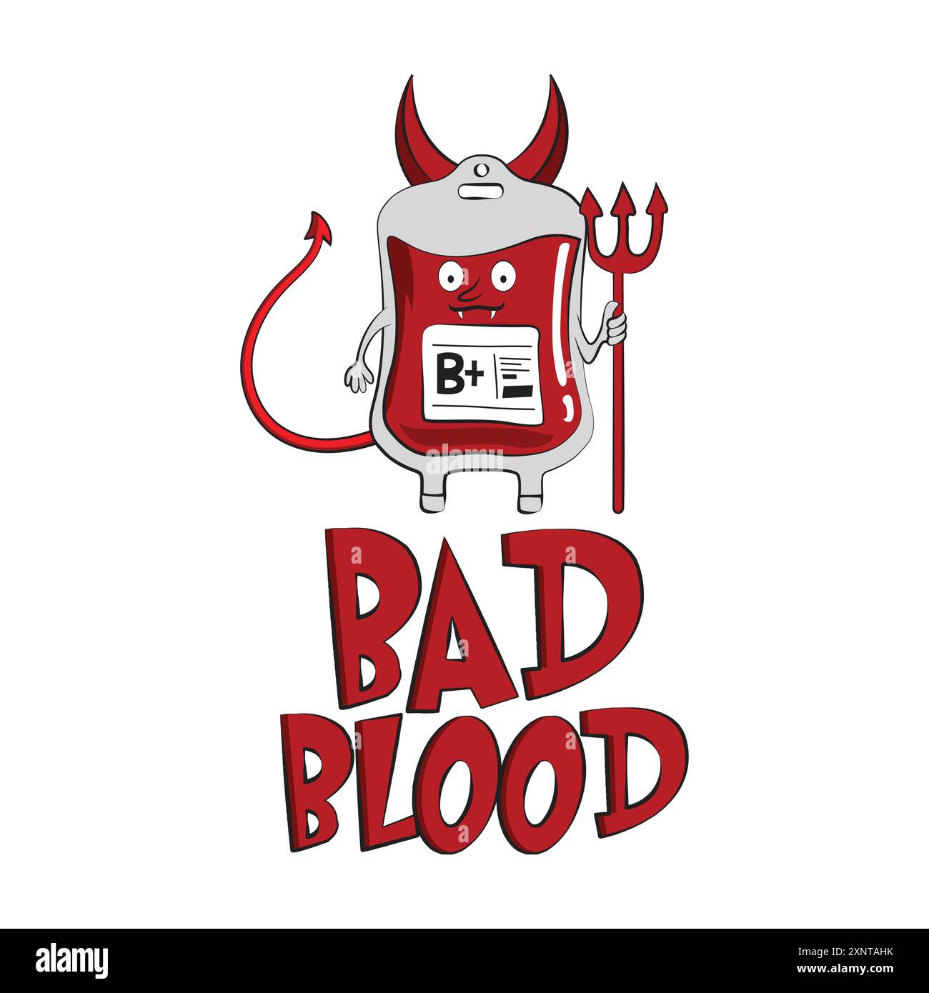 Blood bag with devil horns and a funny quote. Bad blood. Funny Vector illustration for tshirt, print, clip art, and print on demand merch Stock Vector